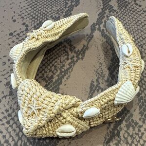 Beige Woven Textured Headband with Shell Accents